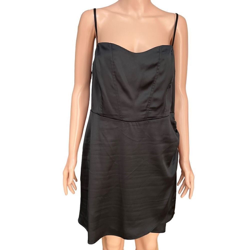 Elodie black satin mini cocktail dress ruched side spaghetti straps size XL NWT